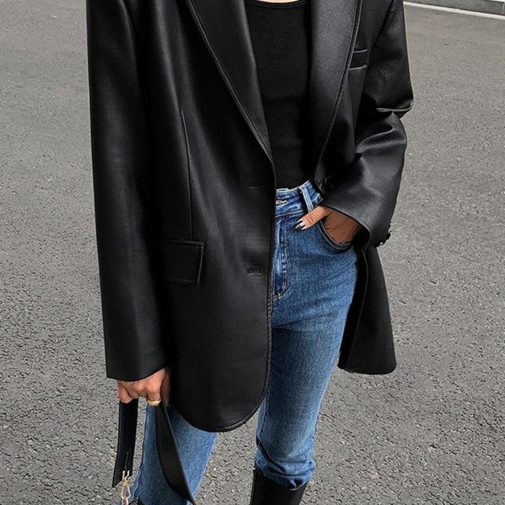 Commense Black Oversized Lapel Pockets faux Leather Blazer Large NWT